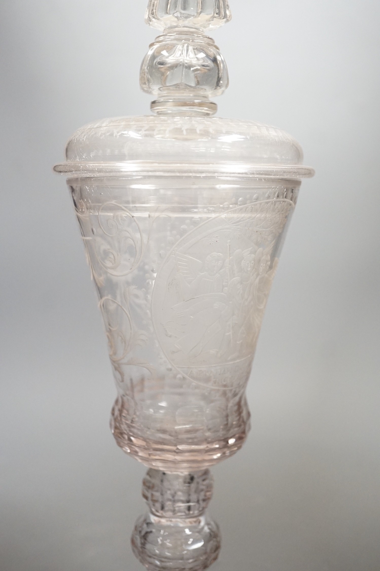 A large 18th century Bohemian goblet and cover, engraved with the angels visiting Abraham, 40cms high